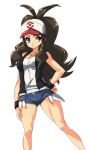  antenna_hair black_hair brown_hair denim denim_shorts hand_on_hip hat high_ponytail long_hair nekomamire pokemon pokemon_(game) pokemon_black_and_white pokemon_bw ponytail short_shorts shorts simple_background smile solo touko_(pokemon) vest white_background wristband 