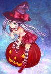  bad_id bare_shoulders blue_eyes boots bow breasts cat cleavage fang halloween hat hatsune_miku highres long_hair looking_up pumpkin purple_hair roku_(hikokeng) striped striped_legwear striped_thighhighs thigh-highs thighhighs twintails very_long_hair vocaloid witch_hat zettai_ryouiki 