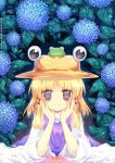  blonde_hair eyes flower frog hands_on_own_face hat hydrangea moriya_suwako namie-kun petals short_hair solo touhou 