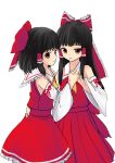  ascot black black_hair bow detached_sleeves hair hair_bow hakurei_reimu hands holding holding_hands japanese_clothes lo_(rogu_ryouiki) long_hair miko multiple_girls short_hair time_paradox touhou 