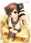  :p breasts brown_eyes brown_hair caidychen flower from_above iphone large_breasts legs long_hair original perspective phone product_placement school_uniform short_hair signature solo thigh-highs thighhighs tongue 