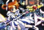  blue_eyes bow brown_hair city explosion fingerless_gloves gloves hair_bow highres mahou_shoujo_lyrical_nanoha mahou_shoujo_lyrical_nanoha_the_movie_1st night official_art purple_eyes raising_heart short_twintails solo takamachi_nanoha torn_clothes twintails 