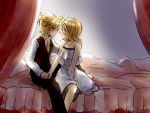  between_thighs blonde_hair blush brother_and_sister canopy_bed cendrillon_(vocaloid) eye_contact hand_on_shoulder holding_hands incest incipient_kiss kagamine_len kagamine_rin ryou_(fallxalice) short_hair siblings sitting twincest twins vocaloid 
