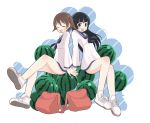  bag black_eyes black_hair brown_hair closed_eyes food fruit legs long_hair miyafuji_yoshika multiple_girls no_socks ruri_(rukiafile) sailor sailor_uniform short_hair strike_witches watermelon yamakawa_michiko 