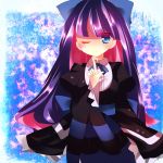  blue_eyes bow breast_squeeze breasts dress hair_bow long_hair multicolored_hair panty_&amp;_stocking_with_garterbelt sakura_(1120sakura) sitting solo stocking_(character) stocking_(psg) striped striped_legwear striped_thighhighs thigh-highs thighhighs two-tone_hair wink 