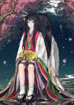  black_eyes black_hair braid cherry_blossoms fan hair_ornament highres japanese_clothes kimono legs long_hair multilayer_kimono nizuma original sandals tabi very_long_hair 