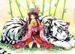  bamboo_forest brown_hair forest hair_ornament houraisan_kaguya kneeling long_hair namie-kun nature red_eyes solo tiger touhou white_tiger 