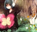  black_hair flower headphones highres making_of monster_girl muku-no nene_nene plant root school_uniform serafuku solo tree utau water 