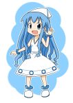  blue_hair bracelet dress hat ikamusume jewelry long_hair neko5656_(pixiv) shinryaku!_ikamusume solo tentacle_hair tentacles waving 