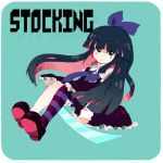  blue_eyes blue_hair bow dress gothic_lolita hair_bow lolita_fashion long_hair panty_&amp;_stocking_with_garterbelt sauth single_thighhigh smile solo south_(monookibako) stocking_(character) stocking_(psg) striped striped_legwear striped_thighhighs thigh-highs thighhighs 