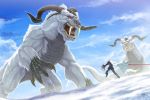  cape claws dragon fang green_tear group_battle highres horns landscape monster original snow 