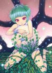  armlet barefoot blush green_hair highres jewelry leaf lips mahito original pink_eyes plant ring short_hair solo sphere tiara 