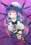  blue_eyes blue_hair bondage domotolain hat long_hair multicolored_hair panty_&amp;_stocking_with_garterbelt solo stocking_(character) stocking_(psg) striped striped_legwear striped_thighhighs thigh-highs thighhighs two-tone_hair wince 