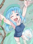  armpits blue_eyes blue_hair erect_nipples flat_chest from_above hat kawashiro_nitori muck_(artist) solo swimsuit touhou water wink 