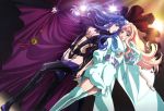  2girls absurdres blonde_hair blue_hair blurry breasts cleavage dual_persona flower garter_belt highres holding_hands macross macross_frontier macross_frontier:_itsuwari_no_utahime marufuji_hirotaka multiple_girls sheryl_nome staff tattoo thighhighs 