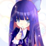  bow fork lowres panty_&amp;_stocking_with_garterbelt purple_hair ribbon shichinose solo sparkle stocking_(character) stocking_(psg) wings 