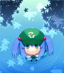  :&lt; blue_eyes blue_hair from_above hair_bobbles hair_ornament hat kawashiro_nitori leaf looking_up maple_leaf no_nose ripples short_hair solo stare takadoya touhou twintails water 