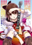  between_legs blush boots bow bracelet brown_eyes brown_hair casual coat collarbone cup cushion electric_guitar fur_collar guitar hair_bow hair_ornament hair_ribbon hairclip heart heart_pillow hirasawa_yui instrument jacket jewelry k-on! knee_boots necklace off_shoulder pearl_necklace pillow ribbon short_hair solo sparkle tea teacup teapot uzura_yuuno 