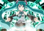  aqua_eyes aqua_hair blush detached_sleeves hatsune_miku headset long_hair massala necktie open_mouth skirt solo thighhighs twintails vocaloid 