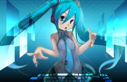  :o akai_hana aqua_eyes aqua_hair bare_shoulders blush hatsune_miku headphones headset long_hair maitake_(loose) necktie skirt solo twintails very_long_hair vocaloid 