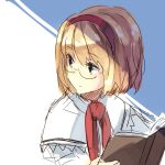  bespectacled black_eyes blonde_hair book capelet face glasses hairband looking_back open_book ribbon short_hair sketch touhou weee_(raemz) 