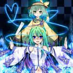  artist_request blouse blue_eyes blue_rose bow checkered checkered_background danmaku detached_sleeves empty_eyes flower frog glowing gohei green_eyes green_hair hair_ornament hat hat_ribbon heart heart_of_string highres kochiya_sanae komeiji_koishi lace long_hair midriff mind_control multiple_girls navel no_nose ofuda open_mouth our_turf outstretched_arms ribbon rose smile snake spread_arms third_eye touhou 
