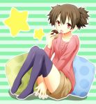  bad_id brown_hair casual doughnut k-on! pillow red_eyes short_hair solo star suzuki_jun tenzaru thigh-highs thighhighs twintails 