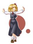  :d blonde_hair crossed_legs_(standing) fang hair_ribbon open_mouth orippa outstretched_arms red_eyes ribbon rumia short_hair simple_background smile solo spread_arms touhou 