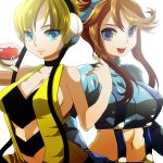  2girls bare_shoulders blonde_hair blue_eyes bob_cut breasts brown_hair cable choker cleavage fuuro_(pokemon) gloves glow gym_leader hair_ornament halterneck hcsb headphones holding holding_poke_ball kamitsure_(pokemon) large_breasts long_hair midriff multiple_girls navel open_mouth poke_ball pokemon pokemon_(game) pokemon_black_and_white pokemon_bw short_hair simple_background smile suspenders 
