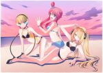  3girls 6942 aqua_eyes bare_shoulders barefoot beach bikini blonde_hair blue_eyes blush bob_cut bracelet cable clouds fuuro_(pokemon) gym_leader hair_ornament hair_over_one_eye headphones high_heels kamitsure_(pokemon) legs long_hair multiple_girls nu_(ukskuj) ocean open_mouth pokemon pokemon_(game) pokemon_black_and_white pokemon_bw pokemon_dppt red_hair redhead shadow shirona_(pokemon) shoes short_hair shorts sky smile sunglasses sunset swimsuit twintails water yellow_eyes 