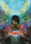  black_hair directional_arrow empty_eyes flower gas_mask heart highres hoodie long_sleeves original pixiv_festa solo star tcs 