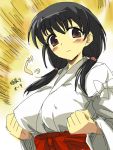  black_hair blush breasts brown_eyes clenched_hands fist japanese_clothes jindai_komaki michael miko saki sketch translation_request twintails 