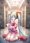  aqua_hair boots cover cover_page detached_sleeves gift hat hatsune_miku headphones headset holding holding_gift library long_hair majires! necktie santa_costume santa_hat shirakaba skirt smile solo twintails very_long_hair vocaloid 