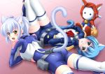  akio_(dkakh918) animal_ears aqua_eyes aqua_hair asobi_ni_iku_yo! ass assistaroid bell blue_hair blush bodysuit cat_ears chaika green_eyes highres looking_back melwin multiple_girls robot short_hair tail thigh-highs thighhighs twintails white_legwear white_thighhighs 