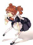  bent_over bowtie brown_eyes brown_hair dress hand_on_knee idolmaster maid maid_fairy_tale open_mouth pantyhose solo standing_on_one_leg takatsuki_yayoi twintails v yasumo_(kuusouorbital) 
