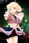  arm_warmers atoki blonde_hair green_hair hand_in_hair looking_afar mizuhashi_parsee pointy_ears scarf short_hair solo thighs touhou 