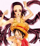  black_hair boa_hancock breast_squeeze breasts earrings hat jewelry large_breasts long_hair monkey_d_luffy one_piece poruhi short_hair snake straw_hat 