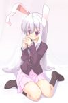  arata_toshihira blazer blurry blush bunny_ears depth_of_field hands_clasped lavender_hair long_hair looking_up necktie rabbit_ears red_eyes reisen_udongein_inaba sitting socks solo touhou very_long_hair wariza 