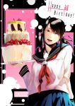  bad_id birthday black_hair bow cake food hair_bow happy_birthday school_uniform twintails 