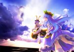   2girls ac_xsk blue_hair blush bow brown_eyes clouds frills hat hinanawi_tenshi long_hair multiple_girls nagae_iku peach purple_hair ribbon shawl short_hair skirt sky touhou  