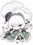  black_hair bob_cut cherry_blossoms chibi ghost grey_eyes hairband konpaku_youmu konpaku_youmu_(ghost) lowres one_knee short_hair solo sword touhou uki_(room_405) weapon white_hair wink 