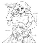  blush_stickers bouncing_breasts breast_rest breasts breasts_on_head chain cuffs hand_on_hip headboob height_difference horn horns hoshiguma_yuugi infinite_1up large_breasts manacles mizuhashi_parsee monochrome multiple_girls no_nose sakazuki scarf sotto touhou translated wavy_mouth 