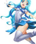  blue_eyes blue_hair cure_marine erect_nipples heartcatch_precure! kurumi_erika leg_up long_hair magical_girl makacoon open_mouth outstretched_arms precure simple_background solo thigh-highs thighhighs white_legwear white_thighhighs wrist_cuffs 