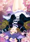  breasts brown_hair dress flower gradient_hair green_eyes hijiri_byakuren large_breasts legs long_hair lying mizuki_hitoshi mizukihitoshi multicolored_hair on_back purple_hair taut_shirt thighs touhou upside-down yellow_eyes 