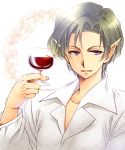  blonde_hair cup keshou_gakebai male pointy_ears purple_eyes short_hair sumachii violet_eyes wine wine_glass 