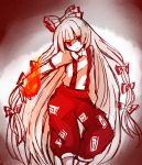  bow fire fujiwara_no_mokou hair_bow long_hair nisi888 outstretched_arm pants red_eyes solo suspenders touhou very_long_hair white_hair 