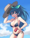  bikini black_hair blue_eyes breasts can cleavage colored fallout ganaha_hibiki hair_ribbon hat idolmaster large_breasts long_hair maru_(sara_duke) nuka_cola parody ponytail ribbon side-tie_bikini smile soda solo swimsuit yajirushi_kaku 