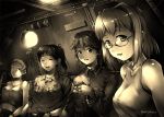  anna_blume bare_shoulders belt cigarette closed_eyes filicia_heideman glasses highres hino_katsuhiko hino_katuhiko martina_syrovy midriff military military_uniform miyaoka_yukiko mole monochrome multiple_girls navel ponytail sepia short_hair smoking sora_no_woto sorami_kanata suminoya_kureha tank_top uniform watch 