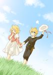  blue_eyes blush brother_and_sister closed_eyes dress dutch_angle grass hat holding_hands kagamine_len kagamine_rin prisoner/paper_plane_(vocaloid) ryou_(fallxalice) short_hair shuujin/kami_hikouki_(vocaloid) siblings sky vocaloid white_dress 