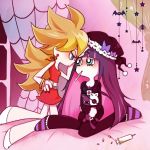  blonde_hair blue_eyes blue_hair fever hand_on_forehead haruya multiple_girls official_style panty_&amp;_stocking_with_garterbelt panty_(character) panty_(psg) pill sick stocking_(character) stocking_(psg) syringe 